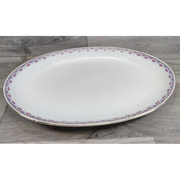 Antique Bernard Bloch CO CZECH 15" Serving Platter PINK Blue Flowers Porcelain - Picture 1 of 9
